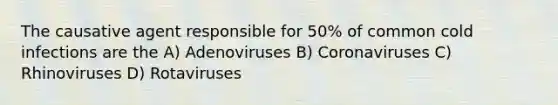 The causative agent responsible for 50% of common cold infections are the A) Adenoviruses B) Coronaviruses C) Rhinoviruses D) Rotaviruses