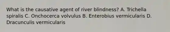 What is the causative agent of river blindness? A. Trichella spiralis C. Onchocerca volvulus B. Enterobius vermicularis D. Dracunculis vermicularis