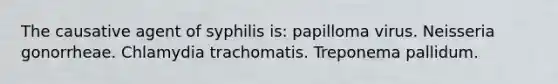 The causative agent of syphilis is: papilloma virus. Neisseria gonorrheae. Chlamydia trachomatis. Treponema pallidum.