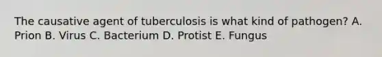 The causative agent of tuberculosis is what kind of pathogen? A. Prion B. Virus C. Bacterium D. Protist E. Fungus