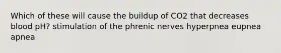 Which of these will cause the buildup of CO2 that decreases blood pH? stimulation of the phrenic nerves hyperpnea eupnea apnea