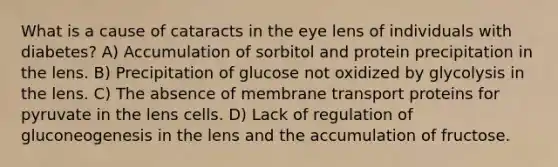 What is a cause of cataracts in the eye lens of individuals with diabetes? A) Accumulation of sorbitol and protein precipitation in the lens. B) Precipitation of glucose not oxidized by glycolysis in the lens. C) The absence of membrane transport proteins for pyruvate in the lens cells. D) Lack of regulation of gluconeogenesis in the lens and the accumulation of fructose.