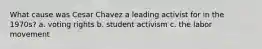 What cause was Cesar Chavez a leading activist for in the 1970s? a. voting rights b. student activism c. the labor movement