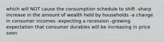 which will NOT cause the consumption schedule to shift -sharp increase in the amount of wealth held by households -a change in consumer incomes -expecting a recession -growing expectation that consumer durables will be increasing in price soon