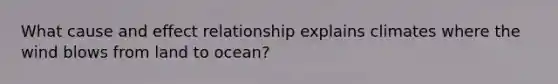 What cause and effect relationship explains climates where the wind blows from land to ocean?