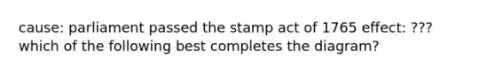 cause: parliament passed the stamp act of 1765 effect: ??? which of the following best completes the diagram?