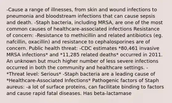 -Cause a range of illnesses, from skin and wound infections to pneumonia and bloodstream infections that can cause sepsis and death. -Staph bacteria, including MRSA, are one of the most common causes of healthcare-associated infections Resistance of concern: -Resistance to methicillin and related antibiotics (eg. nafcillin, oxacillin) and resistance to cephalosporines are of concern. Public health threat: -CDC estimates *80,461 invasive MRSA infections* and *11,285 related deaths* occurred in 2011. An unknown but much higher number of less severe infections occurred in both the community and healthcare settings. -*Threat level: Serious* -Staph bacteria are a leading cause of *Healthcare-Associated Infections* Pathogenic factors of Staph aureus: -a lot of surface proteins, can facilitate binding to factors and cause rapid fatal diseases. Has beta-lactamase