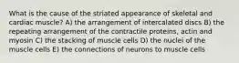 What is the cause of the striated appearance of skeletal and cardiac muscle? A) the arrangement of intercalated discs B) the repeating arrangement of the contractile proteins, actin and myosin C) the stacking of muscle cells D) the nuclei of the muscle cells E) the connections of neurons to muscle cells