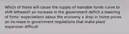 Which of these will cause the supply of loanable funds curve to shift leftward? an increase in the government deficit a lowering of firms' expectations about the economy a drop in home prices an increase in government regulations that make plant expansion difficult