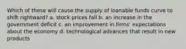 Which of these will cause the supply of loanable funds curve to shift rightward? a. stock prices fall b. an increase in the government deficit c. an improvement in firms' expectations about the economy d. technological advances that result in new products