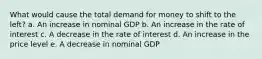 What would cause the total demand for money to shift to the left? a. An increase in nominal GDP b. An increase in the rate of interest c. A decrease in the rate of interest d. An increase in the price level e. A decrease in nominal GDP