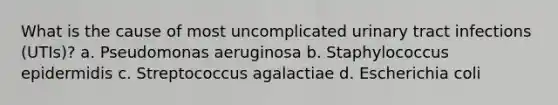 What is the cause of most uncomplicated urinary tract infections (UTIs)? a. Pseudomonas aeruginosa b. Staphylococcus epidermidis c. Streptococcus agalactiae d. Escherichia coli