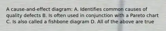 A cause-and-effect diagram: A. Identifies common causes of quality defects B. Is often used in conjunction with a Pareto chart C. Is also called a fishbone diagram D. All of the above are true