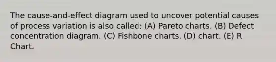 The cause-and-effect diagram used to uncover potential causes of process variation is also called: (A) Pareto charts. (B) Defect concentration diagram. (C) Fishbone charts. (D) chart. (E) R Chart.