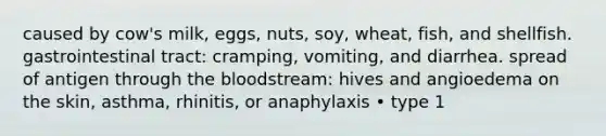 caused by cow's milk, eggs, nuts, soy, wheat, fish, and shellfish. gastrointestinal tract: cramping, vomiting, and diarrhea. spread of antigen through the bloodstream: hives and angioedema on the skin, asthma, rhinitis, or anaphylaxis • type 1