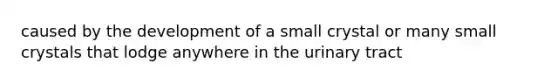 caused by the development of a small crystal or many small crystals that lodge anywhere in the urinary tract