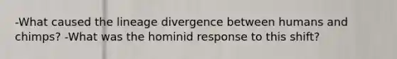 -What caused the lineage divergence between humans and chimps? -What was the hominid response to this shift?