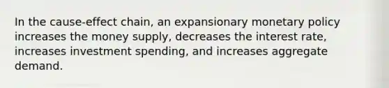 In the cause-effect chain, an expansionary monetary policy increases the money supply, decreases the interest rate, increases investment spending, and increases aggregate demand.