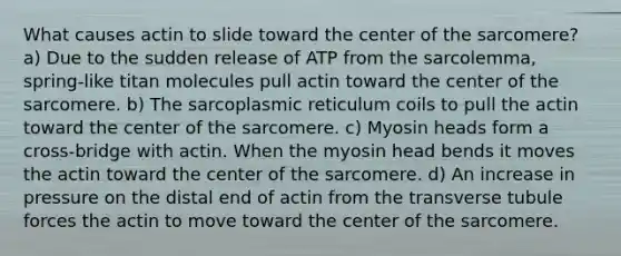 What causes actin to slide toward the center of the sarcomere? a) Due to the sudden release of ATP from the sarcolemma, spring-like titan molecules pull actin toward the center of the sarcomere. b) The sarcoplasmic reticulum coils to pull the actin toward the center of the sarcomere. c) Myosin heads form a cross-bridge with actin. When the myosin head bends it moves the actin toward the center of the sarcomere. d) An increase in pressure on the distal end of actin from the transverse tubule forces the actin to move toward the center of the sarcomere.