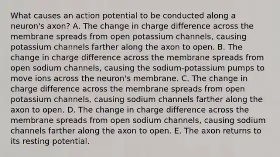 What causes an action potential to be conducted along a neuron's axon? A. The change in charge difference across the membrane spreads from open potassium channels, causing potassium channels farther along the axon to open. B. The change in charge difference across the membrane spreads from open sodium channels, causing the sodium-potassium pumps to move ions across the neuron's membrane. C. The change in charge difference across the membrane spreads from open potassium channels, causing sodium channels farther along the axon to open. D. The change in charge difference across the membrane spreads from open sodium channels, causing sodium channels farther along the axon to open. E. The axon returns to its resting potential.