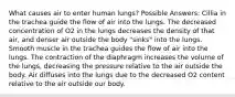 What causes air to enter human lungs? Possible Answers: Cillia in the trachea guide the flow of air into the lungs. The decreased concentration of O2 in the lungs decreases the density of that air, and denser air outside the body "sinks" into the lungs. Smooth muscle in the trachea guides the flow of air into the lungs. The contraction of the diaphragm increases the volume of the lungs, decreasing the pressure relative to the air outside the body. Air diffuses into the lungs due to the decreased O2 content relative to the air outside our body.