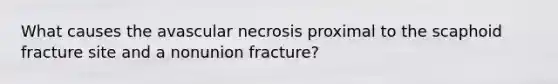 What causes the avascular necrosis proximal to the scaphoid fracture site and a nonunion fracture?