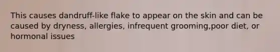 This causes dandruff-like flake to appear on the skin and can be caused by dryness, allergies, infrequent grooming,poor diet, or hormonal issues