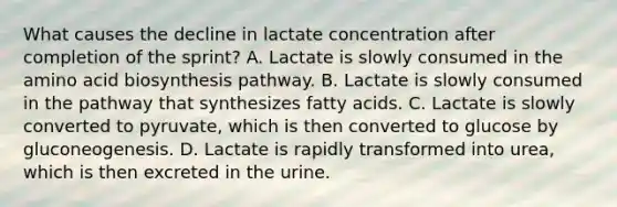 What causes the decline in lactate concentration after completion of the sprint? A. Lactate is slowly consumed in the amino acid biosynthesis pathway. B. Lactate is slowly consumed in the pathway that synthesizes fatty acids. C. Lactate is slowly converted to pyruvate, which is then converted to glucose by gluconeogenesis. D. Lactate is rapidly transformed into urea, which is then excreted in the urine.