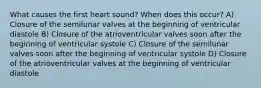 What causes the first heart sound? When does this occur? A) Closure of the semilunar valves at the beginning of ventricular diastole B) Closure of the atrioventricular valves soon after the beginning of ventricular systole C) Closure of the semilunar valves soon after the beginning of ventricular systole D) Closure of the atrioventricular valves at the beginning of ventricular diastole