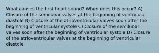 What causes the first heart sound? When does this occur? A) Closure of the semilunar valves at the beginning of ventricular diastole B) Closure of the atrioventricular valves soon after the beginning of ventricular systole C) Closure of the semilunar valves soon after the beginning of ventricular systole D) Closure of the atrioventricular valves at the beginning of ventricular diastole