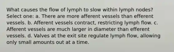 What causes the flow of lymph to slow within lymph nodes? Select one: a. There are more afferent vessels than efferent vessels. b. Afferent vessels contract, restricting lymph flow. c. Afferent vessels are much larger in diameter than efferent vessels. d. Valves at the exit site regulate lymph flow, allowing only small amounts out at a time.