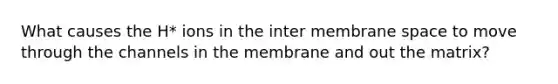 What causes the H* ions in the inter membrane space to move through the channels in the membrane and out the matrix?