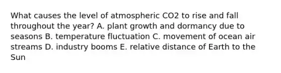 What causes the level of atmospheric CO2 to rise and fall throughout the year? A. plant growth and dormancy due to seasons B. temperature fluctuation C. movement of ocean air streams D. industry booms E. relative distance of Earth to the Sun