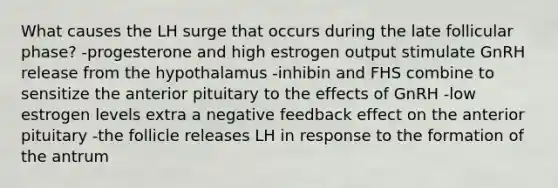 What causes the LH surge that occurs during the late follicular phase? -progesterone and high estrogen output stimulate GnRH release from the hypothalamus -inhibin and FHS combine to sensitize the anterior pituitary to the effects of GnRH -low estrogen levels extra a negative feedback effect on the anterior pituitary -the follicle releases LH in response to the formation of the antrum