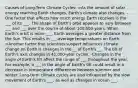 Causes of Long-Term Climate Cycles: >As the amount of solar energy reaching Earth changes, Earth's climate also changes. -One factor that affects how much energy Earth receives is the ___ of its ___. The shape of Earth's orbit appears to vary between ___ and ___ over the course of about 100,000 years. When Earth's orbit is more ___, Earth averages a greater distance from the Sun. This results in ___-average temperatures on Earth. >Another factor that scientists suspect influences climate change on Earth is changes in the __ of Earth's __. The tilt of Earth's axis changes in 41,000-year cycles. -Changes in the angle of Earth's tilt affect the range of ___ throughout the year. For example, a ___ in the angle of Earth's tilt could result in a decrease in temperature differences between summer and winter. Long-term climate cycles are also influenced by the slow movement of Earth's ___, as well as changes in ocean ___.