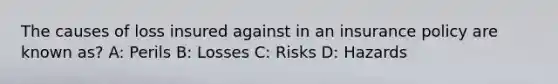 The causes of loss insured against in an insurance policy are known as? A: Perils B: Losses C: Risks D: Hazards