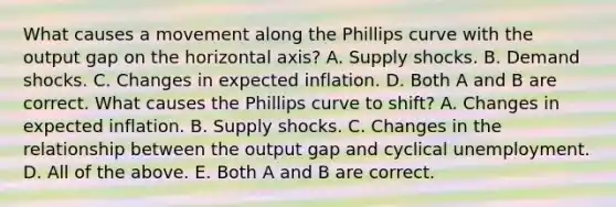 What causes a movement along the Phillips curve with the output gap on the horizontal​ axis? A. Supply shocks. B. Demand shocks. C. Changes in expected inflation. D. Both A and B are correct. What causes the Phillips curve to​ shift? A. Changes in expected inflation. B. Supply shocks. C. Changes in the relationship between the output gap and cyclical unemployment. D. All of the above. E. Both A and B are correct.