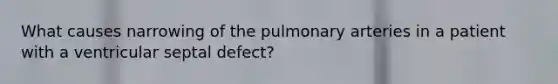 What causes narrowing of the pulmonary arteries in a patient with a ventricular septal defect?