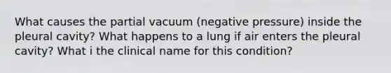 What causes the partial vacuum (negative pressure) inside the pleural cavity? What happens to a lung if air enters the pleural cavity? What i the clinical name for this condition?