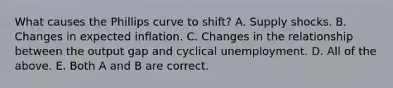 What causes the Phillips curve to​ shift? A. Supply shocks. B. Changes in expected inflation. C. Changes in the relationship between the output gap and cyclical unemployment. D. All of the above. E. Both A and B are correct.