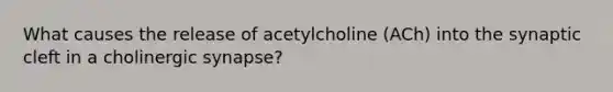 What causes the release of acetylcholine (ACh) into the synaptic cleft in a cholinergic synapse?