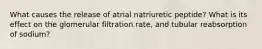 What causes the release of atrial natriuretic peptide? What is its effect on the glomerular filtration rate, and tubular reabsorption of sodium?