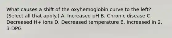 What causes a shift of the oxyhemoglobin curve to the left? (Select all that apply.) A. Increased pH B. Chronic disease C. Decreased H+ ions D. Decreased temperature E. Increased in 2, 3-DPG