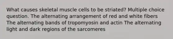 What causes skeletal muscle cells to be striated? Multiple choice question. The alternating arrangement of red and white fibers The alternating bands of tropomyosin and actin The alternating light and dark regions of the sarcomeres