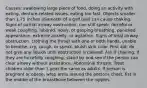 Causes: swallowing large piece of food, doing an activity with eating, denture-related issues, eating too fast. Objects smaller than 1.75 inches (diameter of a golf ball) can cause choking. Signs of partial airway obstruction: can still speak, forceful or weak coughing, labored, noisy, or gasping breathing, panicked appearance, extreme anxiety, or agitation. Signs of total airway obstruction: clothing the throat with one or both hands, unable to breathe, cry, cough, or speak, bluish skin color. First aid: do not give any liquids until obstruction is cleared. Ask if choking. If they are forcefully coughing, stand by and see if the person can clear airway without assistance. Abdominal thrusts. Treat children older than 1 year the same as adults. If person is pregnant or obese, wrap arms around the persons chest, fist in the middle of the breastbone between the nipples.