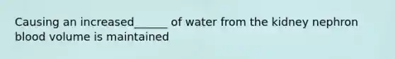 Causing an increased______ of water from the kidney nephron blood volume is maintained