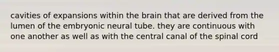 cavities of expansions within the brain that are derived from the lumen of the embryonic neural tube. they are continuous with one another as well as with the central canal of the spinal cord