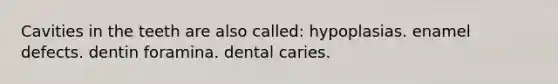 Cavities in the teeth are also called: hypoplasias. enamel defects. dentin foramina. dental caries.