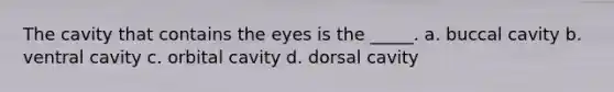 The cavity that contains the eyes is the _____. a. buccal cavity b. ventral cavity c. orbital cavity d. dorsal cavity