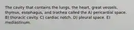 The cavity that contains the lungs, the heart, great vessels, thymus, esophagus, and trachea called the A) pericardial space. B) thoracic cavity. C) cardiac notch. D) pleural space. E) mediastinum.